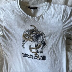 Roberto Cavalli White T-Shirt with Snake and Leopard Design